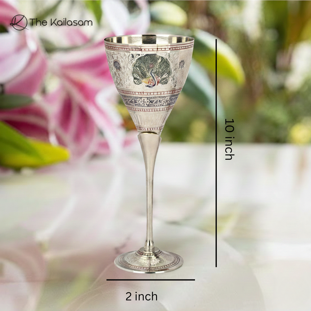 The Kailasam Brass Wine Glasses Set in Handcrafted Peacock Meena Design