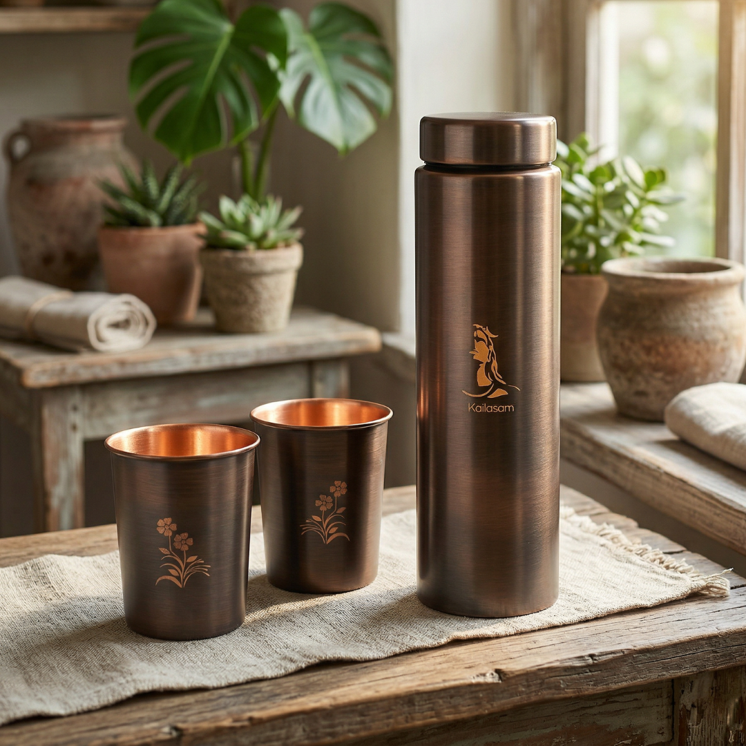 Mystic Shiva Pure Copper Bottle With Glasses Gift Set