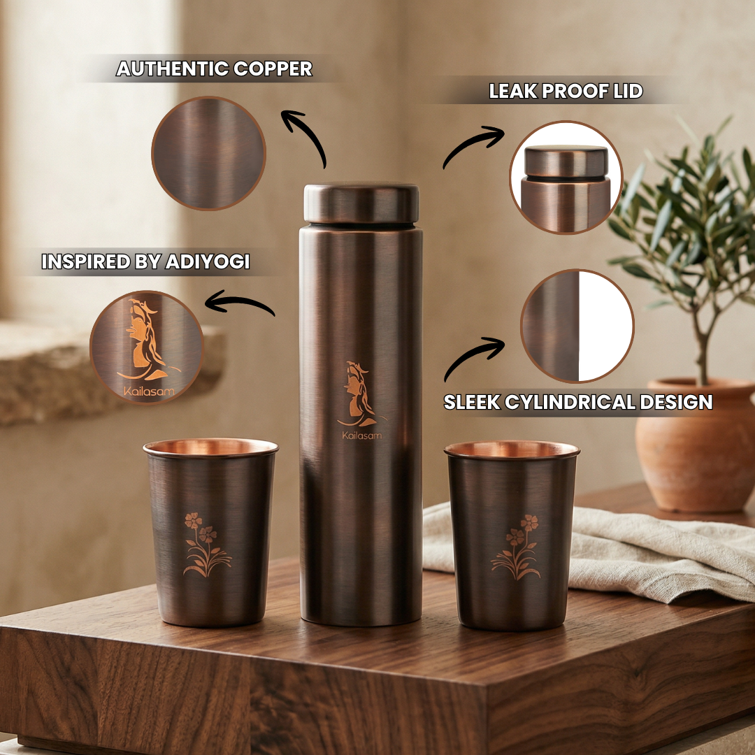 Mystic Shiva Pure Copper Bottle With Glasses Gift Set