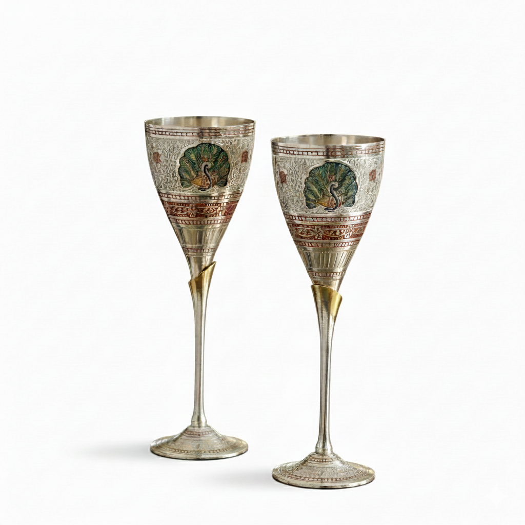 The Kailasam Brass Wine Glasses Set in Handcrafted Peacock Meena Design