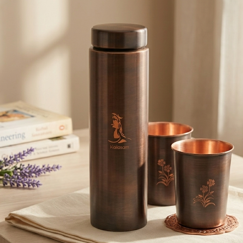 Mystic Shiva Pure Copper Bottle With Glasses Gift Set