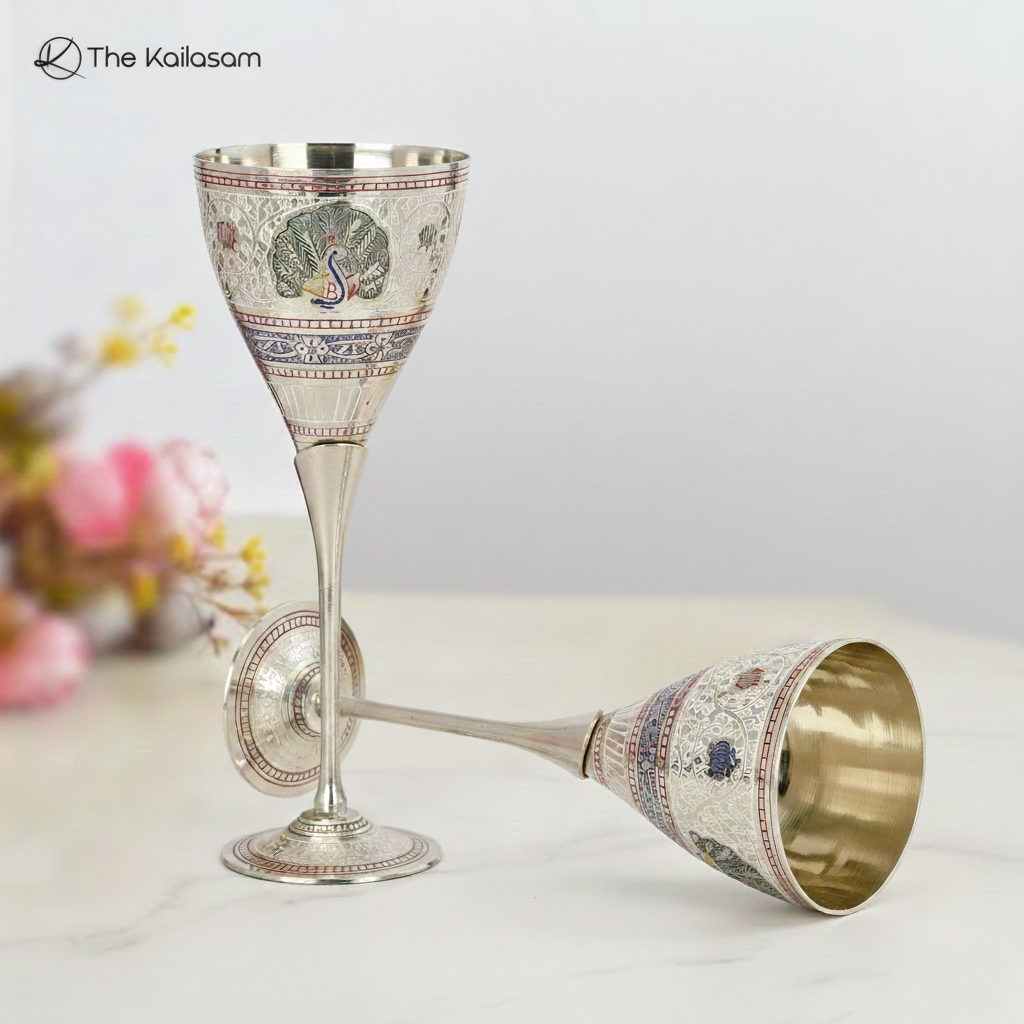 The Kailasam Brass Wine Glasses Set in Handcrafted Peacock Meena Design