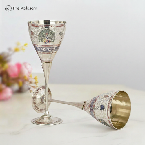 The Kailasam Brass Wine Glasses Set in Handcrafted Peacock Meena Design