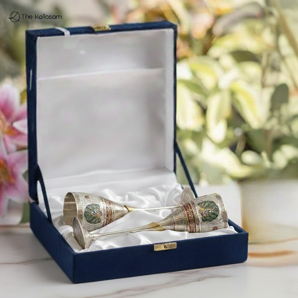 The Kailasam Brass Wine Glasses Set in Handcrafted Peacock Meena Design