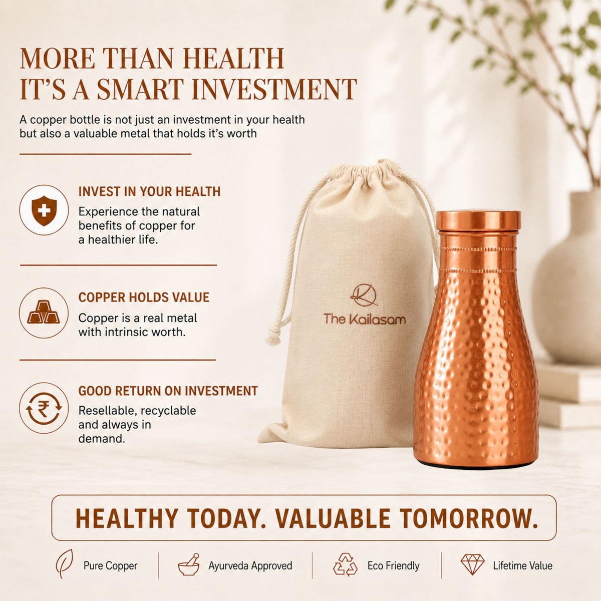 Bedside Pure Copper Water Bottle Set of 2, 950ml Each