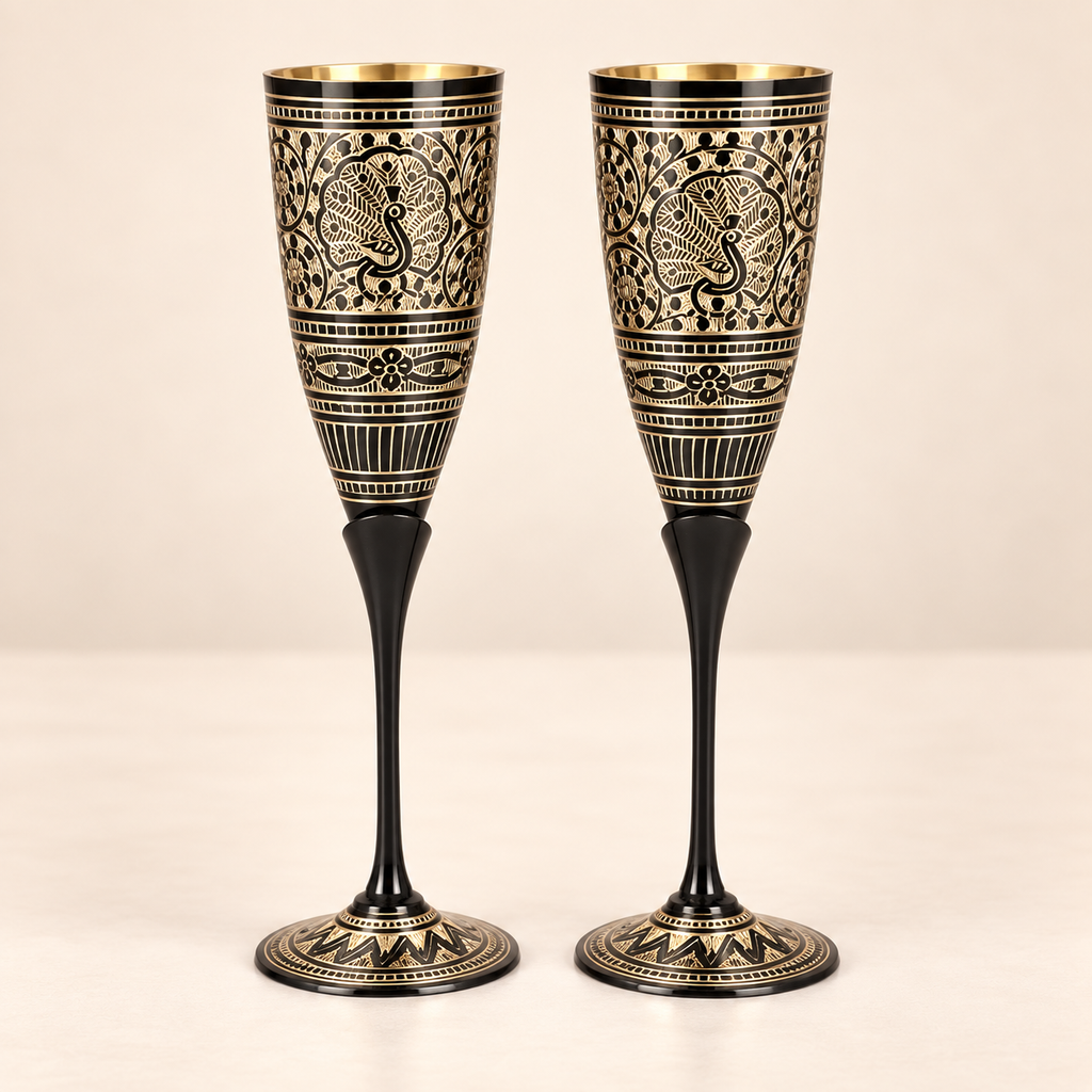 Black & Gold Meena Handcrafted Brass Wine Glasses Set of 2