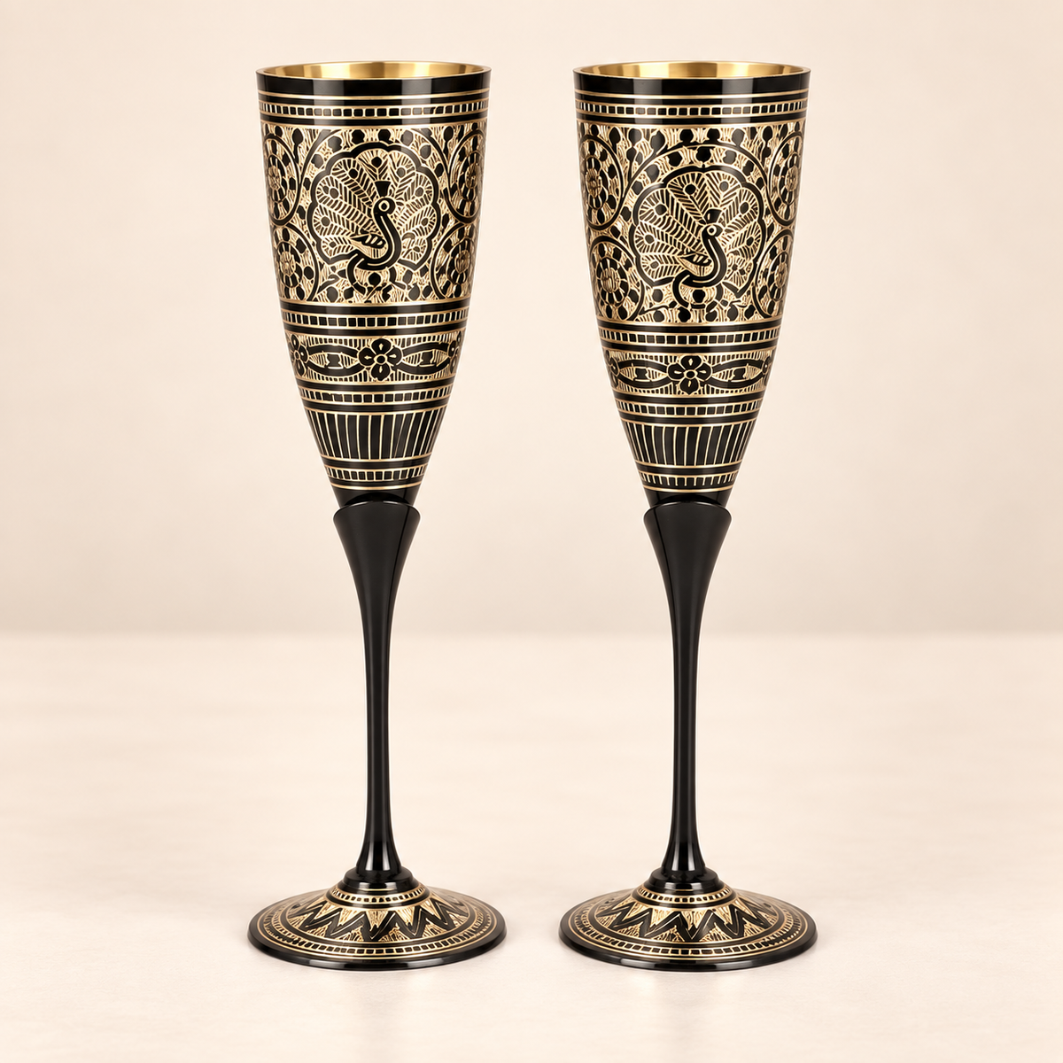 Black & Gold Meena Handcrafted Brass Wine Glasses Set of 2