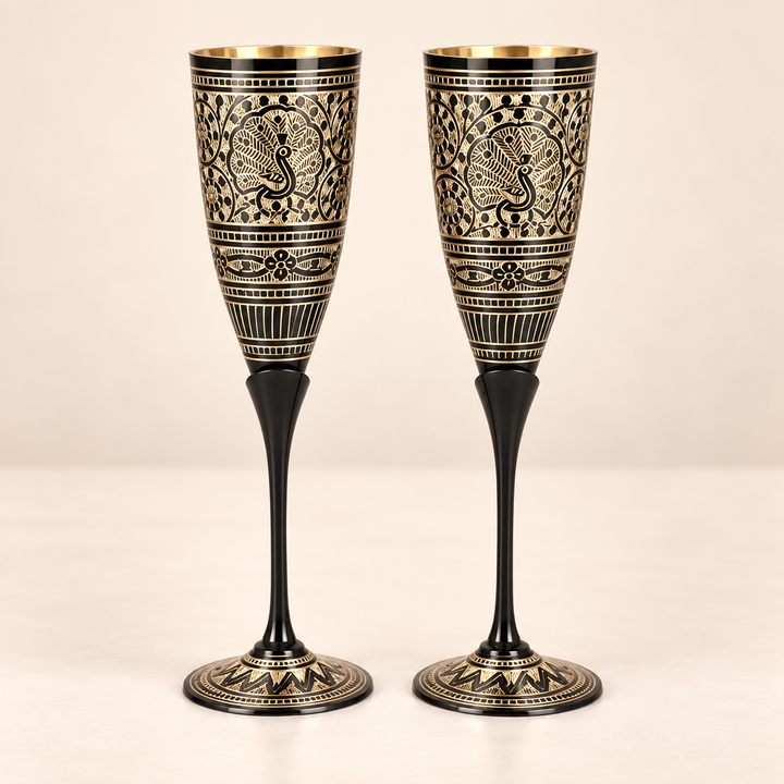 Black & Gold Meena Handcrafted Brass Wine Glasses Set of 2