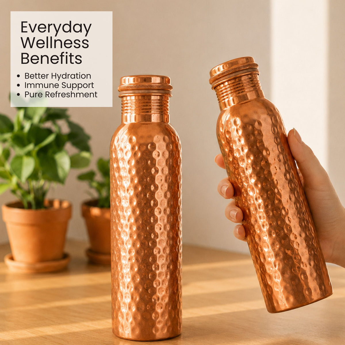Hammered Pure Copper Water Bottle Set of 2, 950ml Each