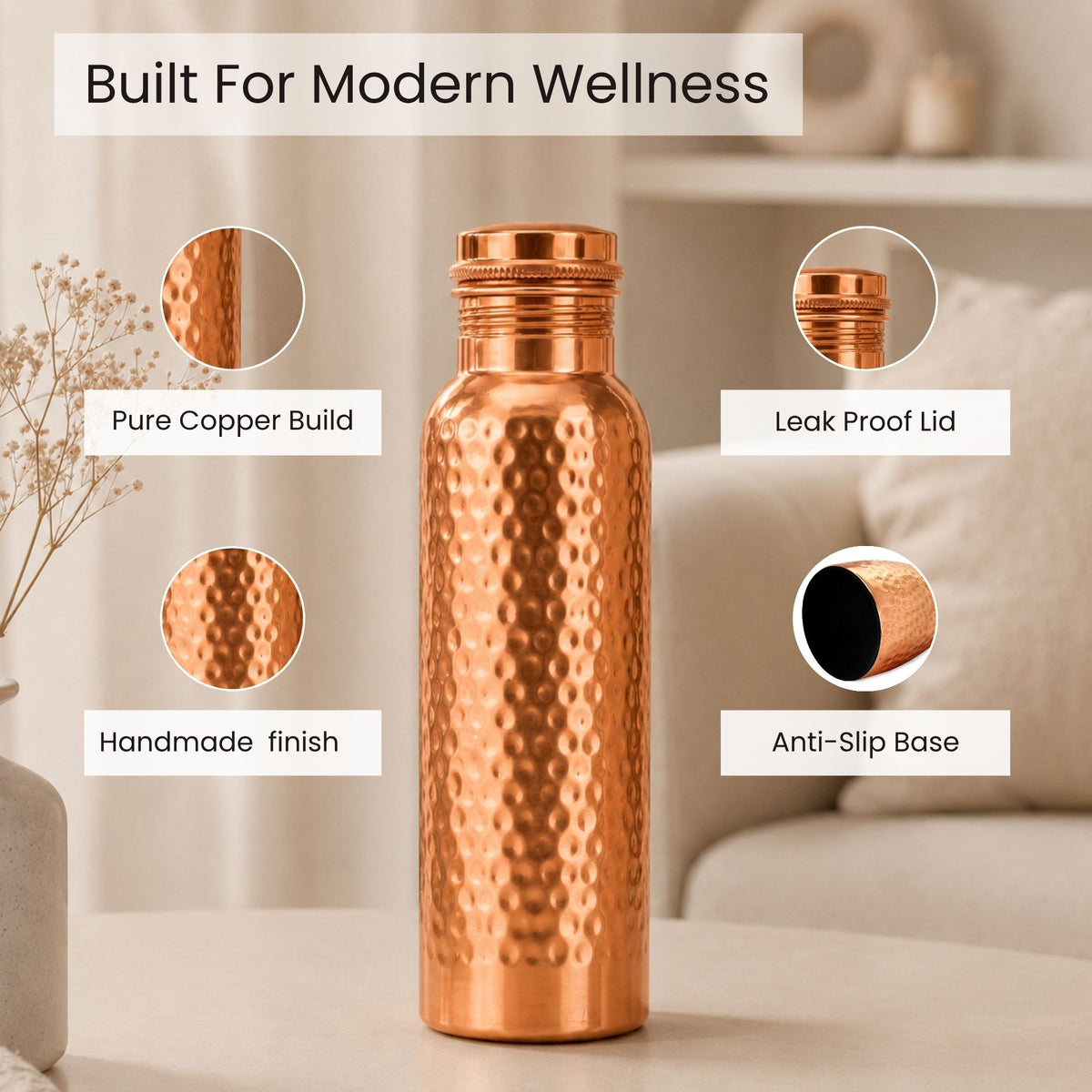 Hammered Pure Copper Water Bottle Set of 2, 950ml Each