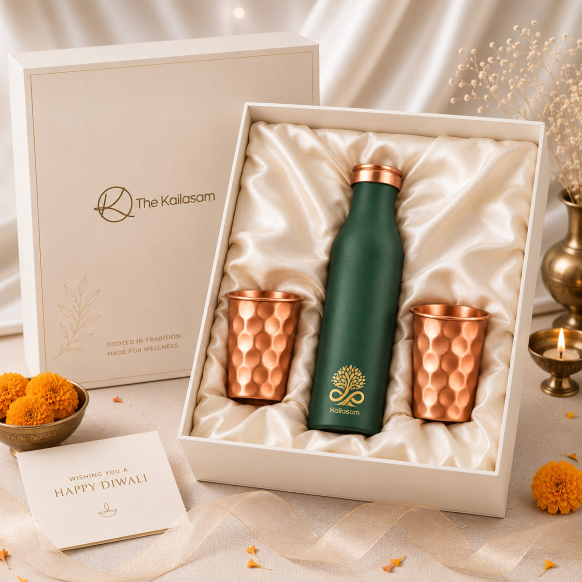 Infinity Green Pure Copper Bottle With Glasses Gift Set