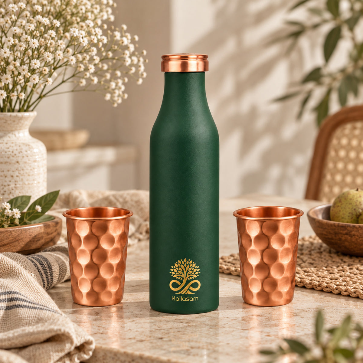 Infinity Green Pure Copper Bottle With Glasses Gift Set
