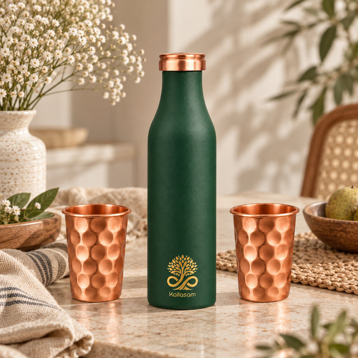 Infinity Green Pure Copper Bottle With Glasses Gift Set