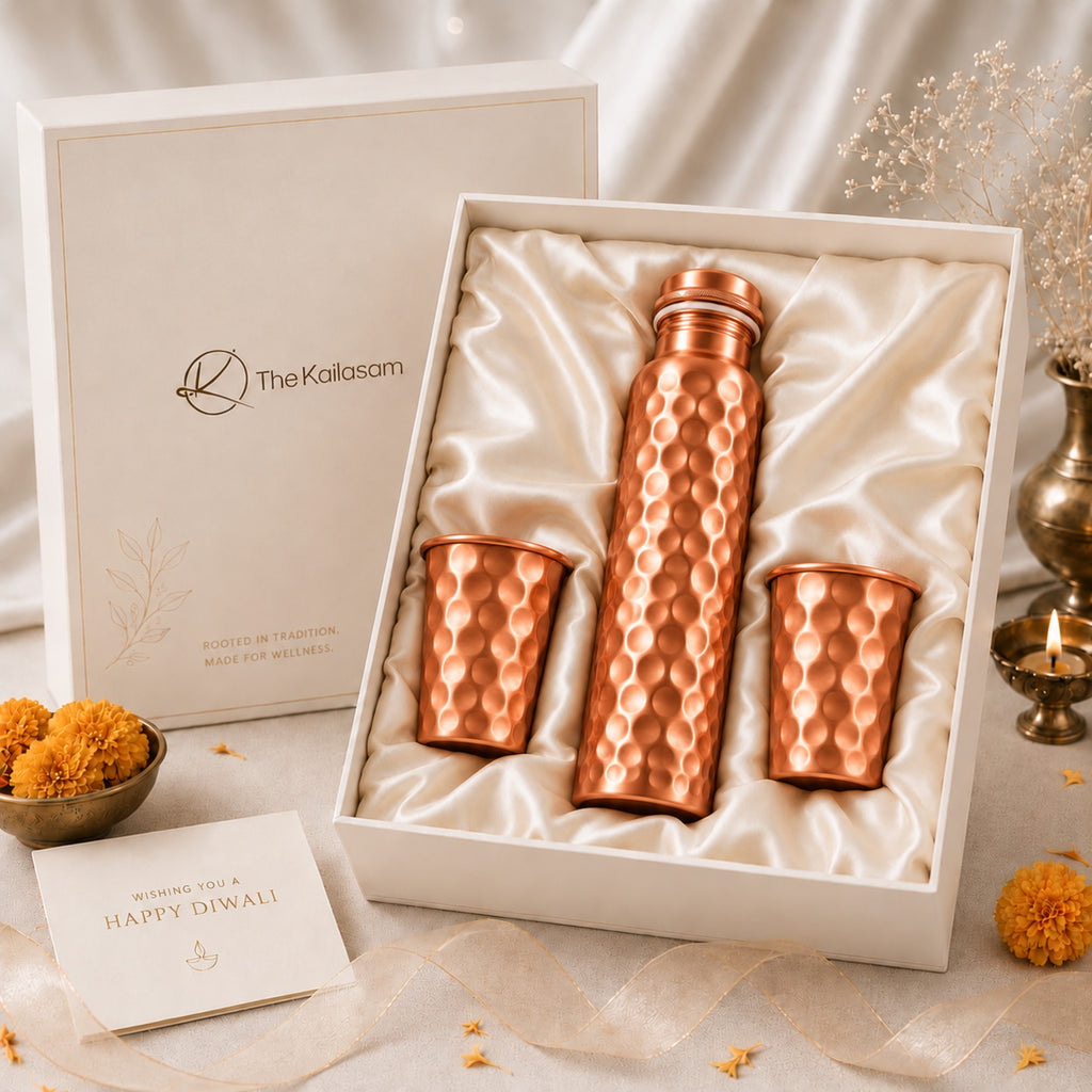 Matte Diamond Pure Copper Bottle With Glasses Gift Set