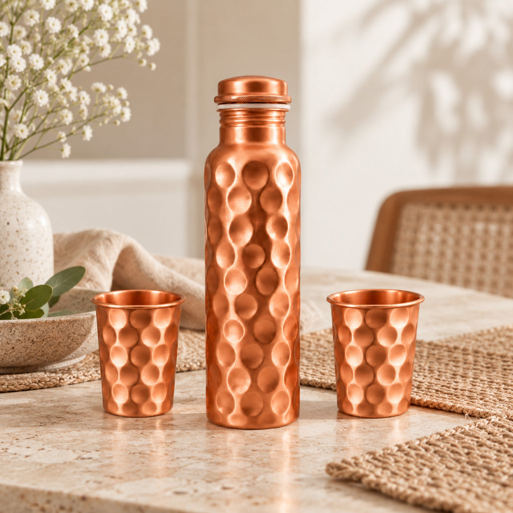 Matte Diamond Pure Copper Bottle With Glasses Gift Set