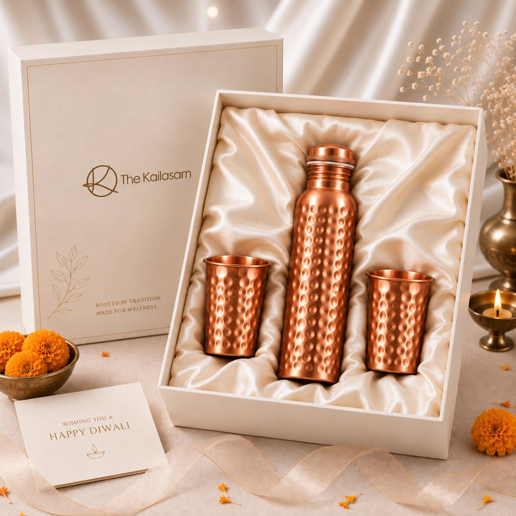 Matte Hammered Pure Copper Bottle With Glasses Gift Set
