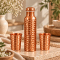 Matte Hammered Pure Copper Bottle With Glasses Gift Set
