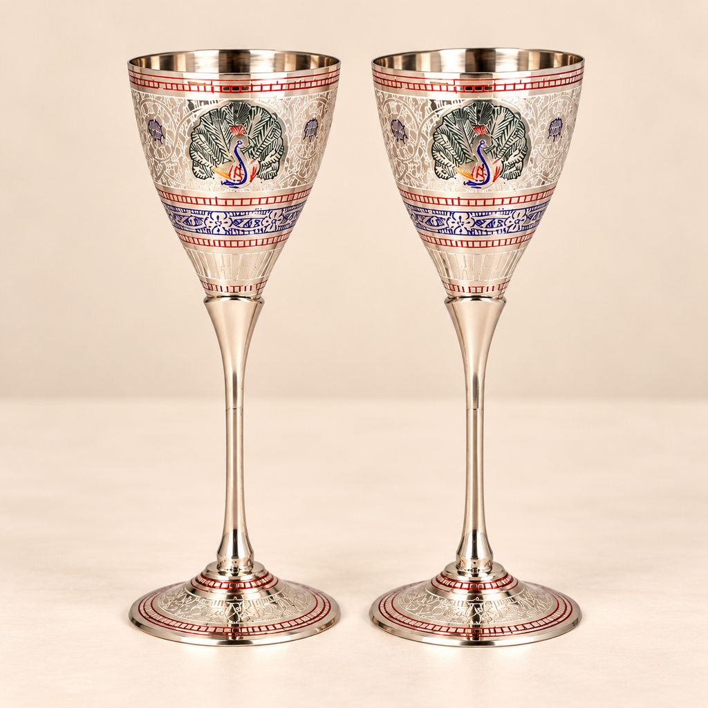Peacock Meena Handcrafted Brass Wine Glasses Set of 2