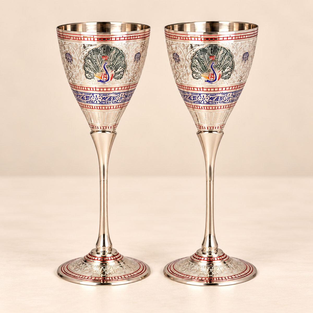Peacock Meena Handcrafted Brass Wine Glasses Set of 2