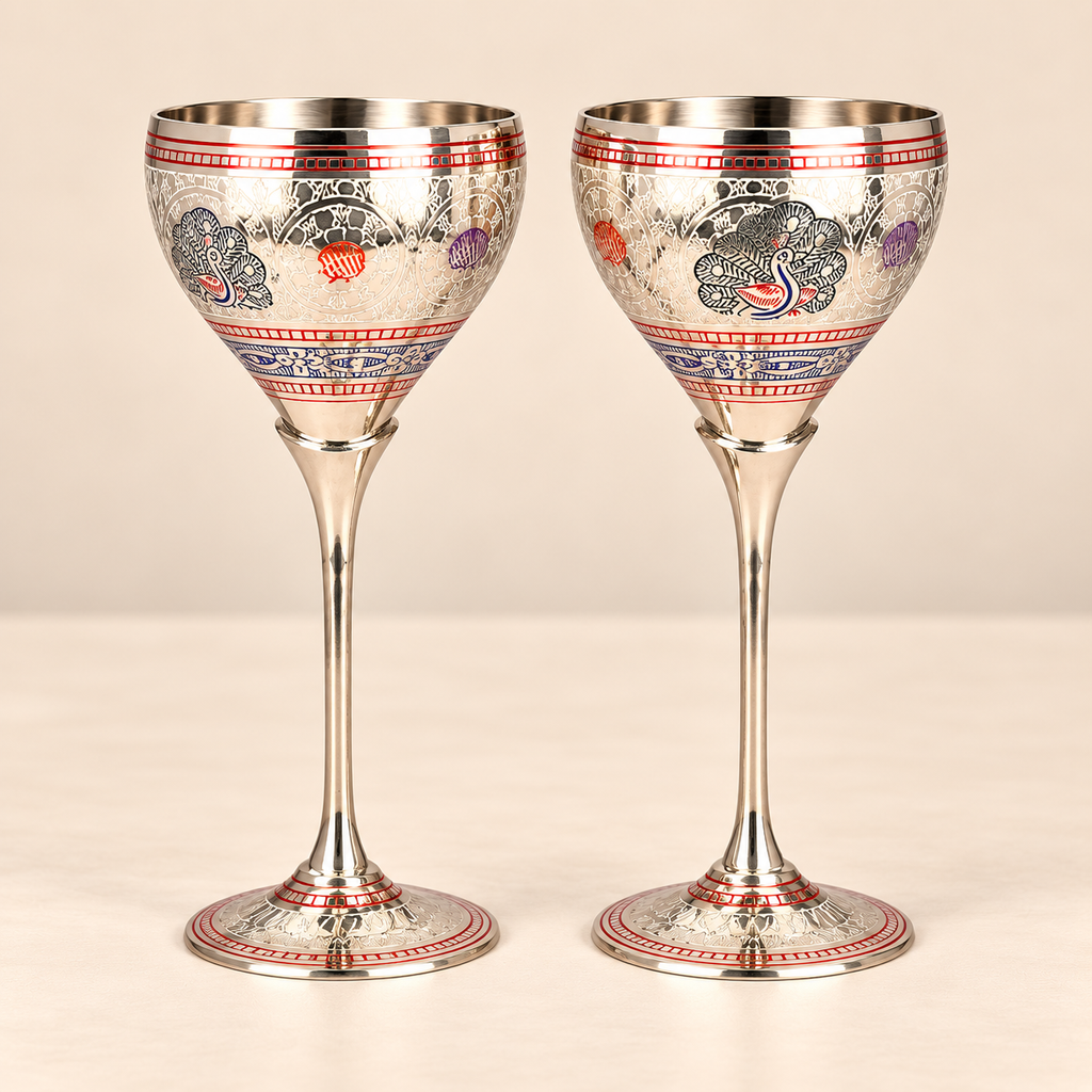 Peacock Meena Work Handcrafted Brass Goblets Set of 2