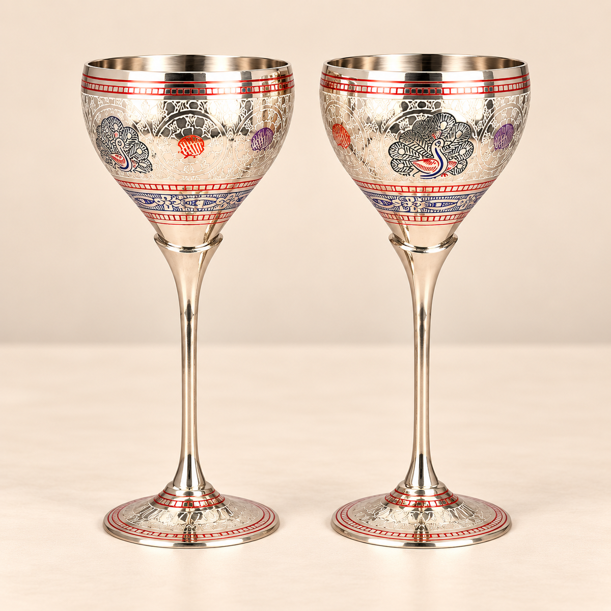 Peacock Meena Work Handcrafted Brass Goblets Set of 2