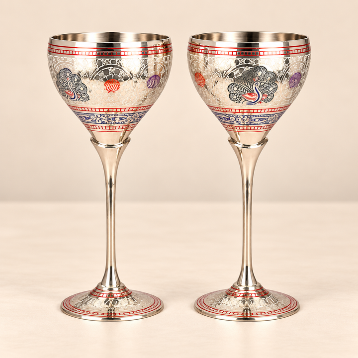 Peacock Meena Work Handcrafted Brass Goblets Set of 2