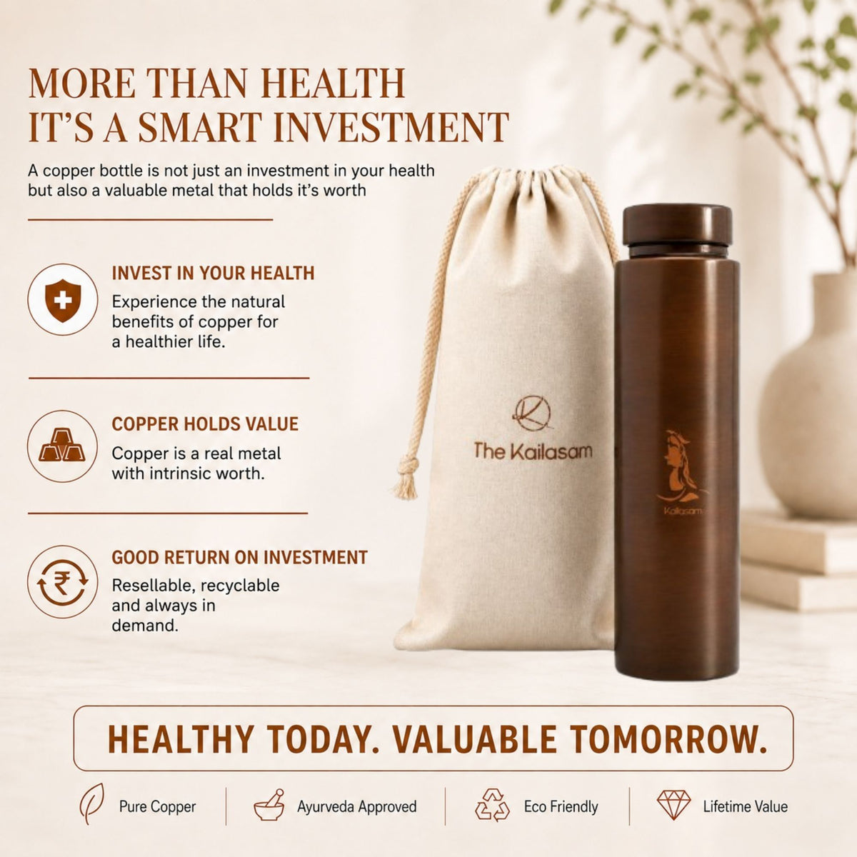 Shiva Pure Copper Water Bottle Set of 2, 850ml Each