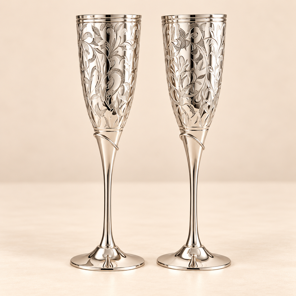 Silver Engraved Handcrafted Brass Wine Glasses Set of 2