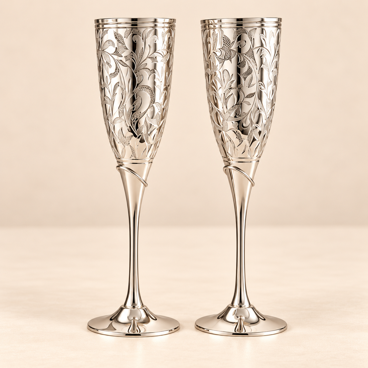Silver Engraved Handcrafted Brass Wine Glasses Set of 2