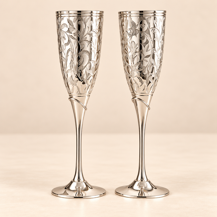 Silver Engraved Handcrafted Brass Wine Glasses Set of 2